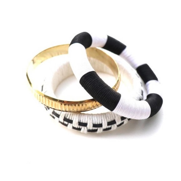 Boho Crochet and Metal Three Piece Black White Gold Bangle Bracelet Set One Size - Picture 1 of 4